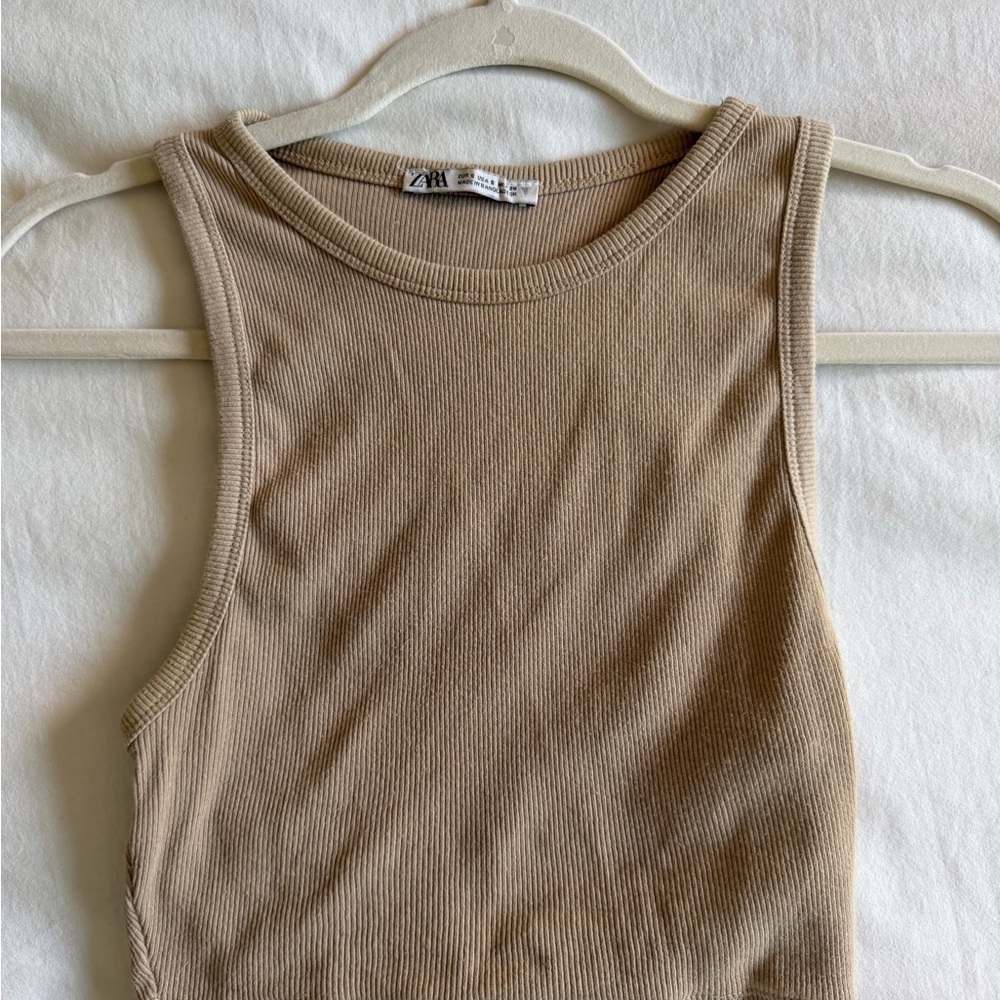 Zara Taupe Ribbed Crewneck Tank Top
